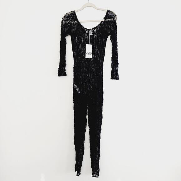 Zara Black Stretch Fit Lace Jumpsuit Size Small - Picture 3 of 6